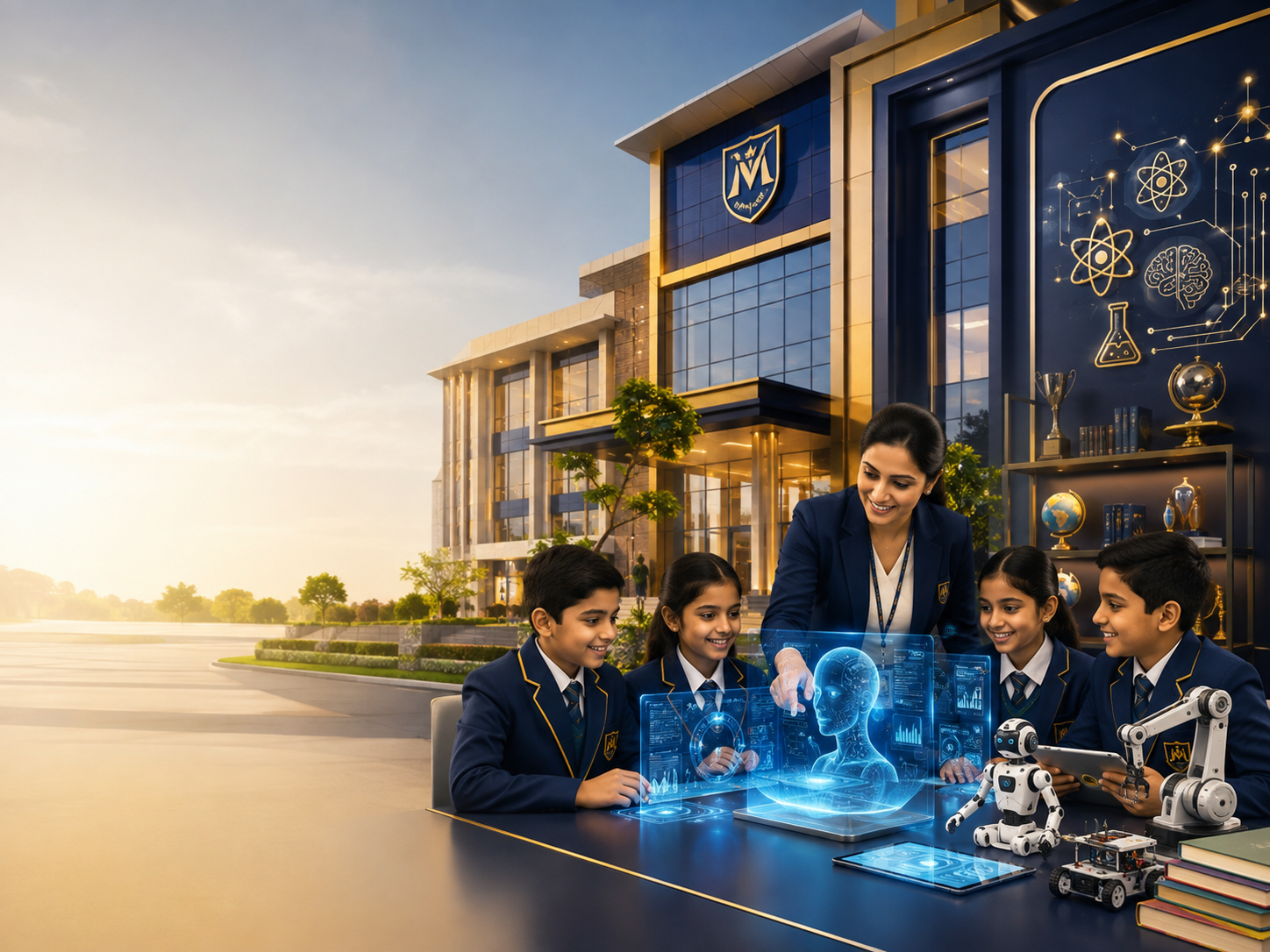 Meridian AI International School campus, students and AI learning